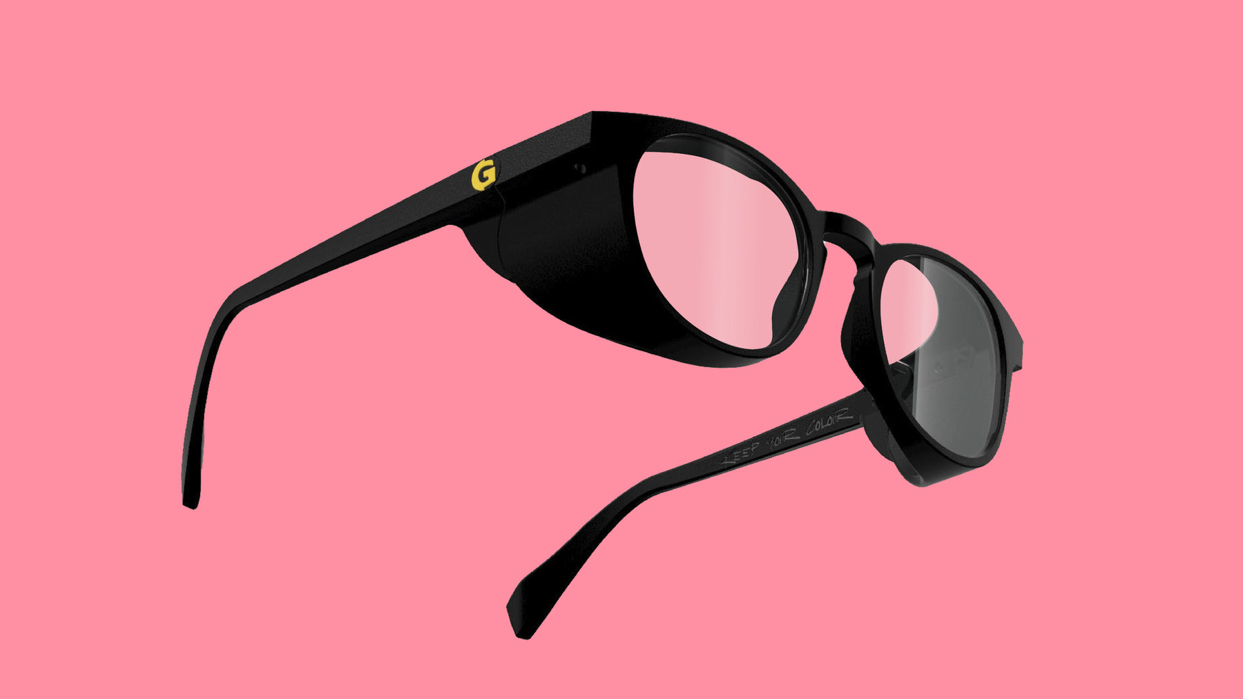 Focus Frames matte black side-shielded glasses on brand pink